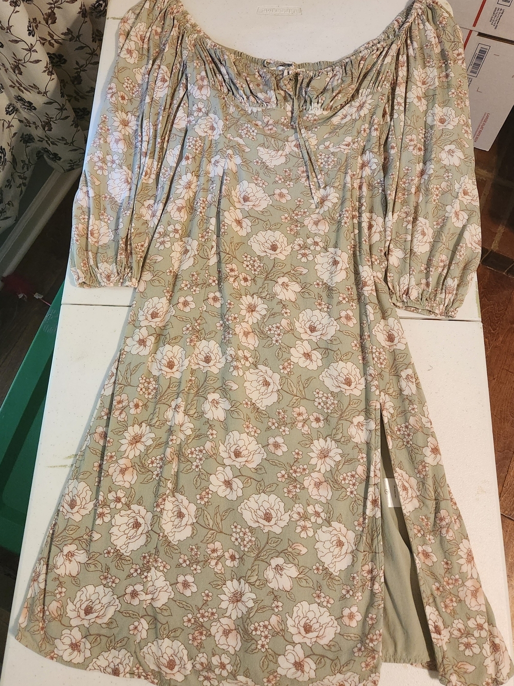 Altar'd State Sage Green Floral Off-Shoulder Midi Dress